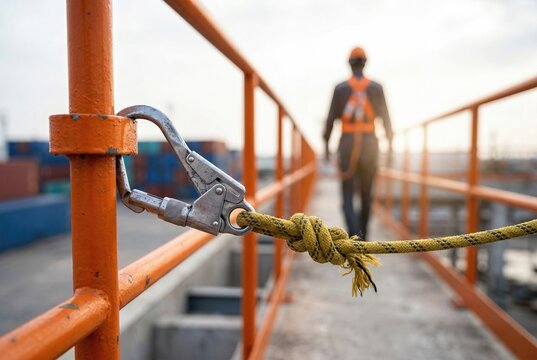 Fall protection lanyard secured on elevated walkway