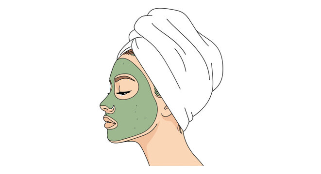 A serene profile illustration of a woman wearing a pristine white head towel and a textured green facial mask for a rejuvenating skincare treatment on white.