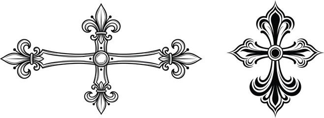 Ornate Fleur De Lis Decorative Gothic Cross – Black Medieval Vintage Christian Religious Tattoo Symbol Vector Design Bundle © MdElias