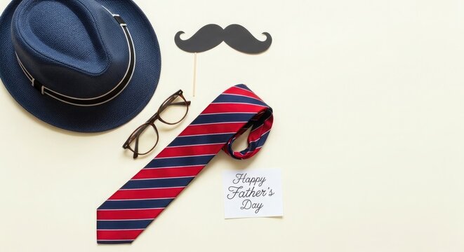 Happy fathers day stylish dad accessories hat tie glasses mustache for celebration