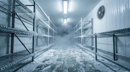 Fototapeta premium Frozen storage room with frost covered shelving