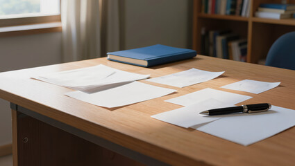 Naklejka premium Blank paper and pen on wooden desk with book in background symbolizing mental health and daily life organization