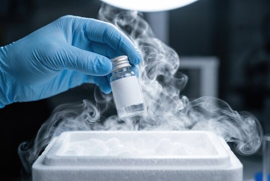Gloved hand holding vial above cryogenic storage