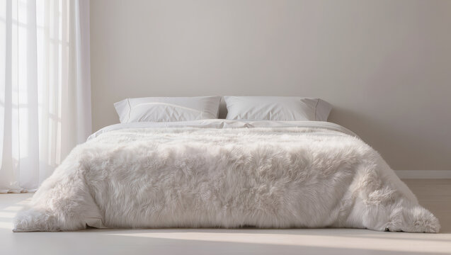 Soft white bed with fluffy blanket and pillows in bright room promoting mental health and comfort in daily life
