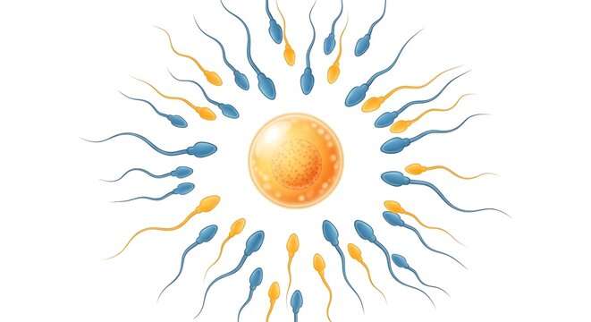 cartoon reproductive concept with central ovum in sharp detail and surrounding sperm forming blurred circular motion, blur and reveal composition, isolated white background, clean educational style