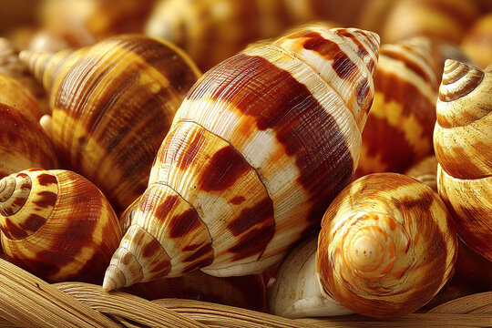 Close up of patterned spiral sea shells in various sizes and natural colors