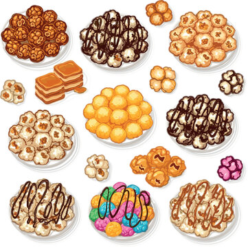 WebPopcorn flavors collection with caramel, chocolate and colorful toppings, detailed vector illustration set for snack themes, dessert menus, cinema treats and food design