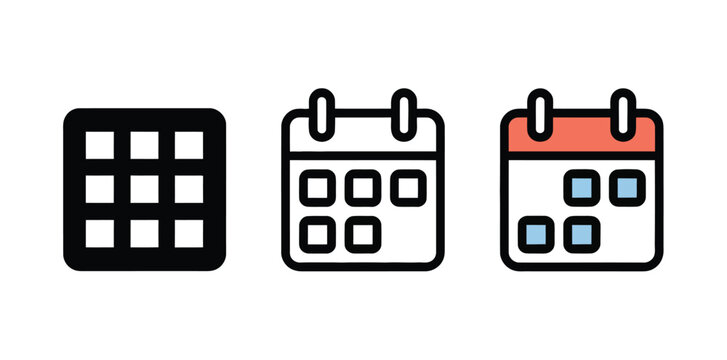 Adobe IllustratoCalendar icon set vector illustration on white background black silhouette flat outline and colored styles minimal 1x3 grid centered compositionr Artwork