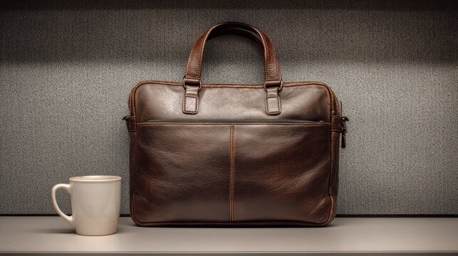 A brown leather briefcase stands upright on a surface next to a white coffee mug, set against a textured gray background.