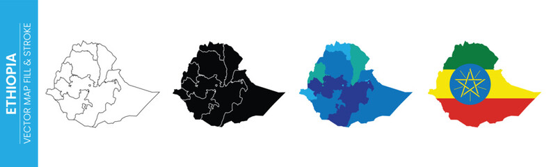 Fototapeta premium Ethiopia map outline filled colored and flag illustration
