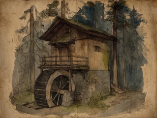 Obraz premium Watercolor depiction of a rustic watermill nestled amidst a lush forest