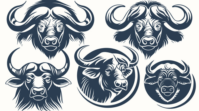 Five stylized bull/buffalo heads in dark blue, vector illustration, various poses
