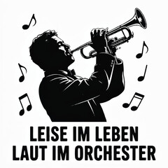 A black and white silhouette illustration of a musician playing a trumpet against a white background  © fatema