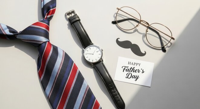 Happy fathers day stylish accessories tie watch glasses mustache for dad's special day