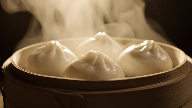 Steaming dumplings in bamboo steamer