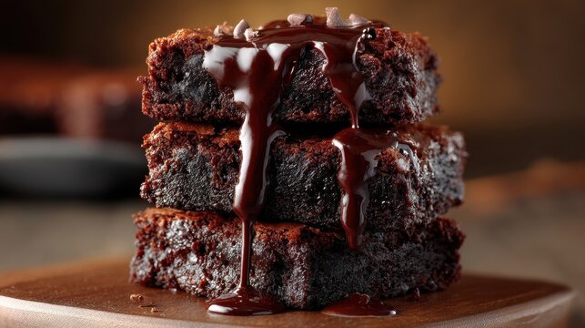 Elegent photo of  delicious brownies with melted chocolate on a stack.