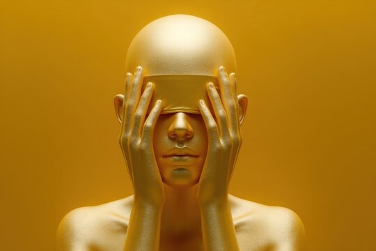 Smooth Gold Figure Pressing Hands Over Top of Head on Bright Yellow Background for Overwhelm