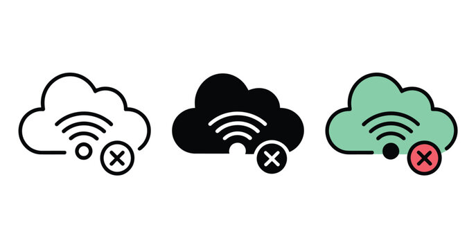 Cloud network disconnected icon set vector illustration representing no internet connection and server error symbols for digital, web, and technology design
