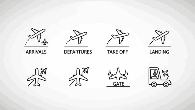 Airline travel concept icons arrivals departures takeoff and landing