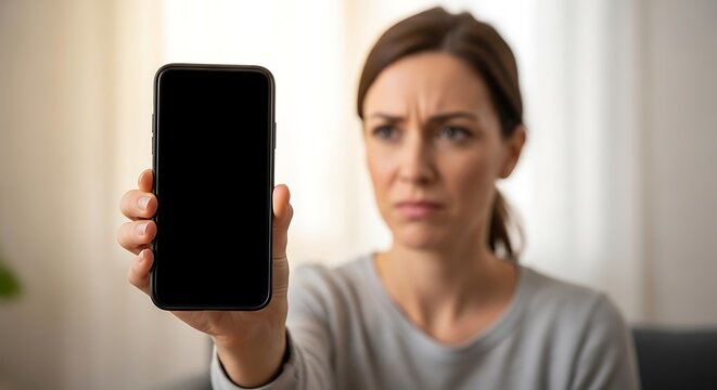Woman holding smartphone with concerned expression.