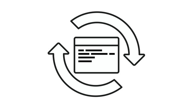 Black vector icon illustration of a web browser window with code lines and circular refresh arrows, symbolizing software updates, continuous integration, and web development cycles.