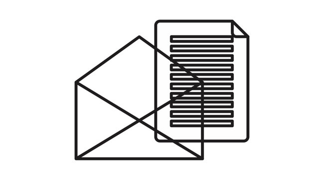 Minimalist black and white vector icon illustration of an open envelope with a document or letter, symbolizing email, mail delivery, business communication, correspondence, and newsletters.