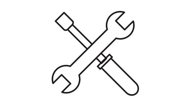 Crossed wrench and nut driver vector icon illustration, minimalist black outline symbol representing repair, maintenance, construction, DIY home improvement, and technical support services.