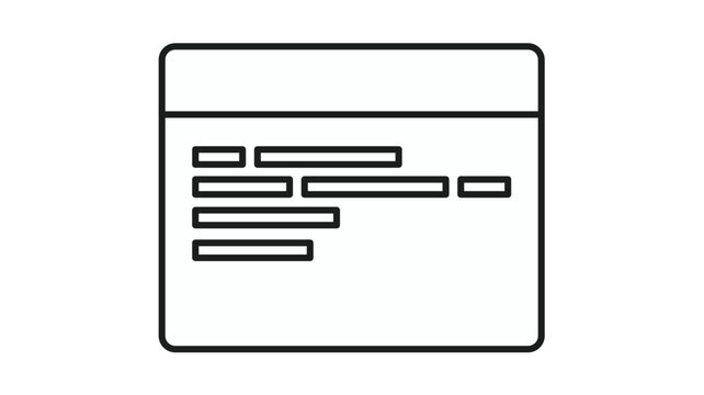 Black line vector icon of a browser window or code editor interface with horizontal bars representing text or programming code, minimalist software development and web design symbol on white.