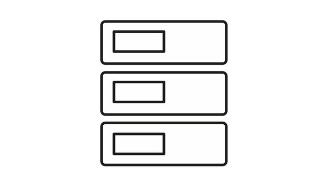 Black line vector icon illustration of a server rack or database storage system, featuring three stacked units with indicator panels, perfect for technology, network, and cloud computing concepts.