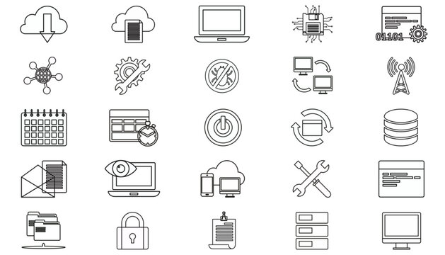 25 Technology and Business Vector Icon Set Collection, Minimalist Black Silhouette Symbols for Web Development, Cloud Computing, Data Storage, Network Security, Communication, and Office Management.