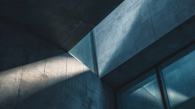 abstract modern architecture with intersecting concrete walls and glass panels, strong geometric shadows and minimal composition, architectural background concept