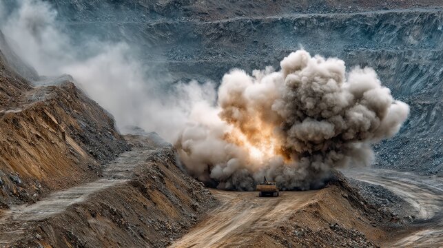 Elegent photo of  explosive operation in an open pit mine.