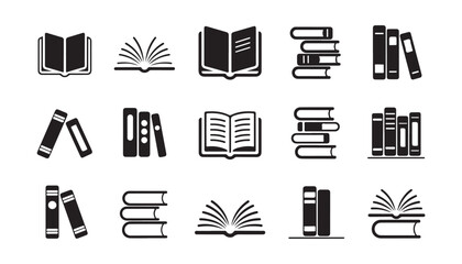 Large collection of book icons in different positions including open pages stacked volumes and upright binders. © Mukti