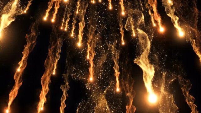 Golden fireballs streaking across dark starry night sky