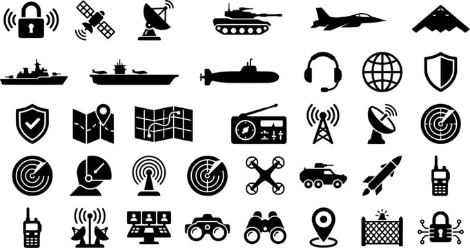 Military Communication Icons. Outline icon set of military communication: encrypted signal, satellite, radar

