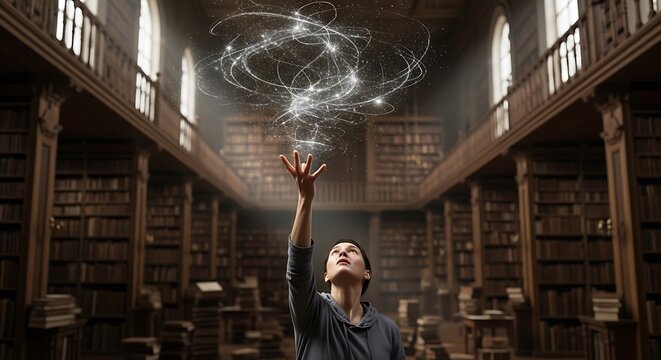 Woman Releasing Magic in Library.