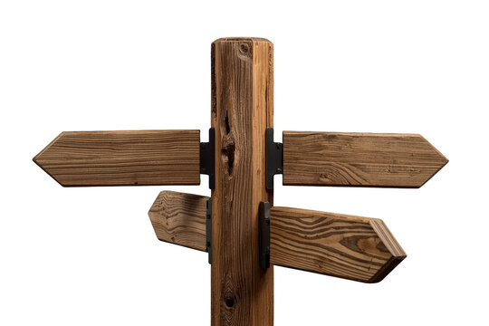 Wooden signpost with three blank directional arrows providing guidance and choice, isolated on transparent background