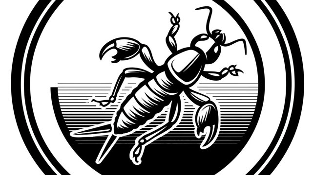 Black and white crawfish design with circular frame and horizontal lines