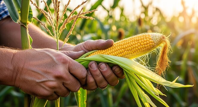 farmer hands holding fresh corn cob during golden hour harvest in cornfield