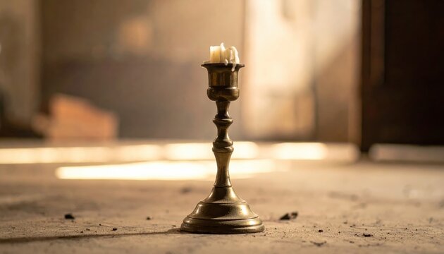 Antique brass candlestick with melted wax remnants standing on a dusty surface