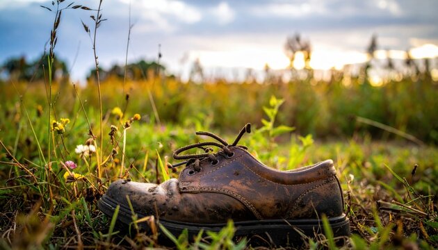 A single muddy, worn leather shoe with untied laces rests in overgrown grass and weeds at sunset.
