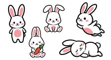 Obraz premium Cute Rabbit Character Set with Various Poses Eating Carrot Sleeping Jumping and Sitting Hand Drawn Vector Illustration Bundle