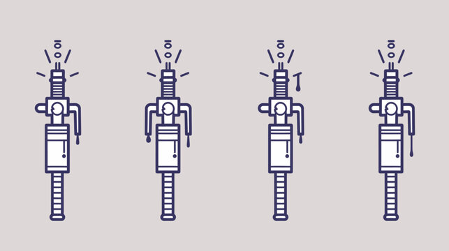 Four illustrations of stylized engine spark plugs with visible combustion, on gray background
