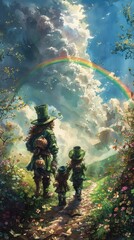 Naklejka premium Leprechaun and child walk through a flower-filled forest path. Above them, a vivid rainbow arches over clouds and sunlight. The scene evokes wonder and childhood magic