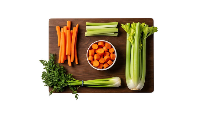 Freshly chopped carrots and celery arranged on a rustic wooden cutting board, ready for cooking and healthy eating