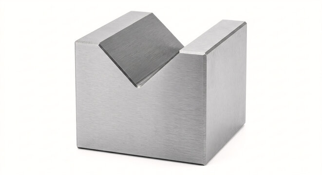 Precision brushed steel V-block workshop tool, isolated on a pure white background.