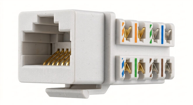 White RJ45 keystone jack isolated on white background, featuring front port and color-coded TIA/EIA 568B wire termination terminals.