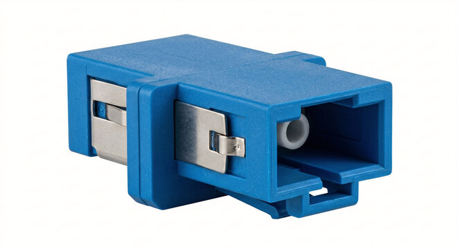 Blue SC simplex fiber optic adapter, isolated on a white background.