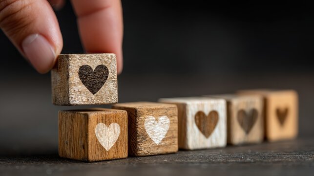 Elegent photo of  hand placing wooden cube block with carved heart symbol in a line of items on dark surface with copy space for customer loyalty concept.