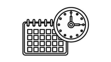 Minimalist black line art vector illustration of a calendar and a round analog clock, symbolizing time management, scheduling, project planning, appointment booking, and deadline organization. © Raheel